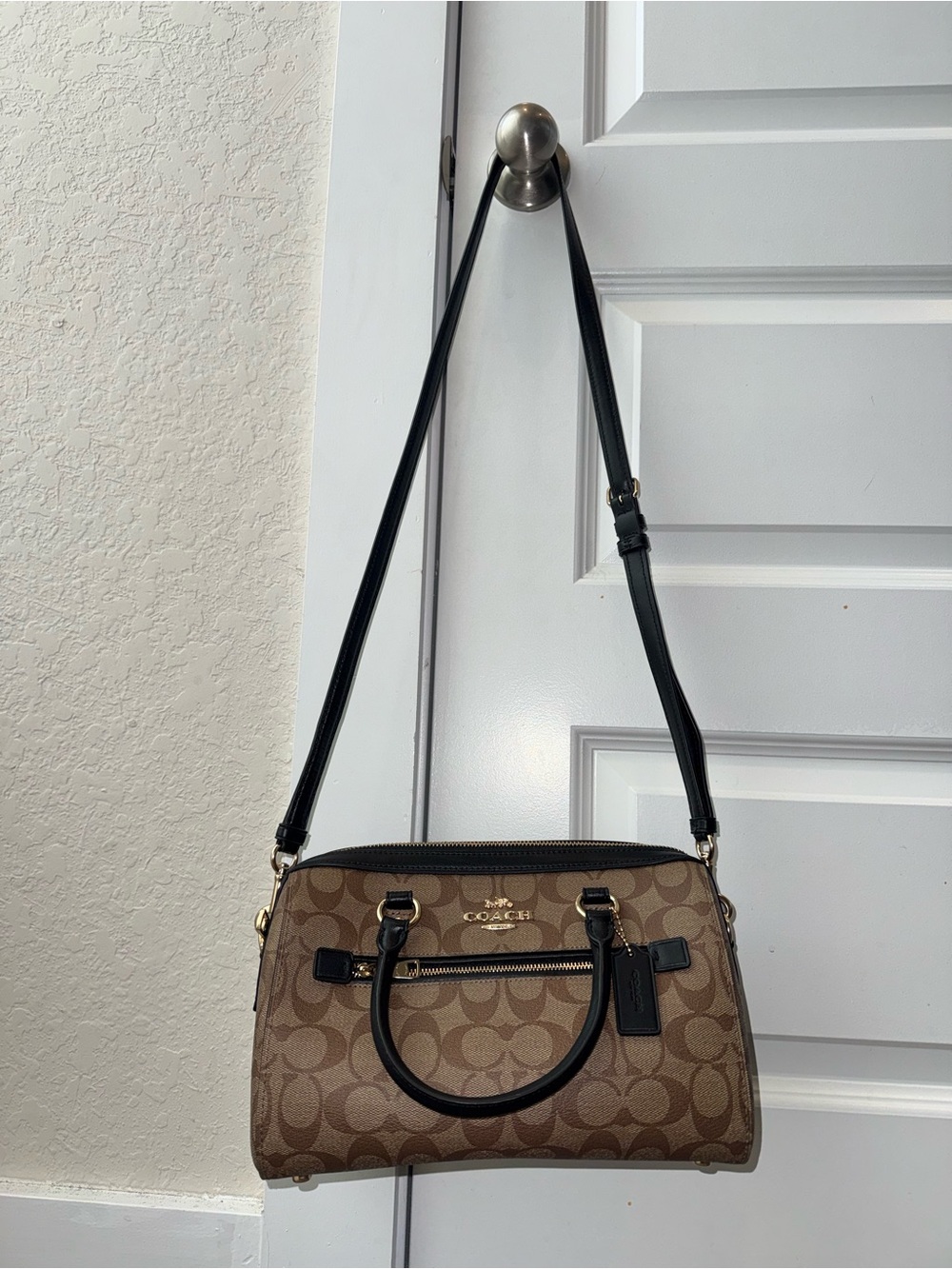 Coach Rowan Brown Signature with Black Handles and Trim